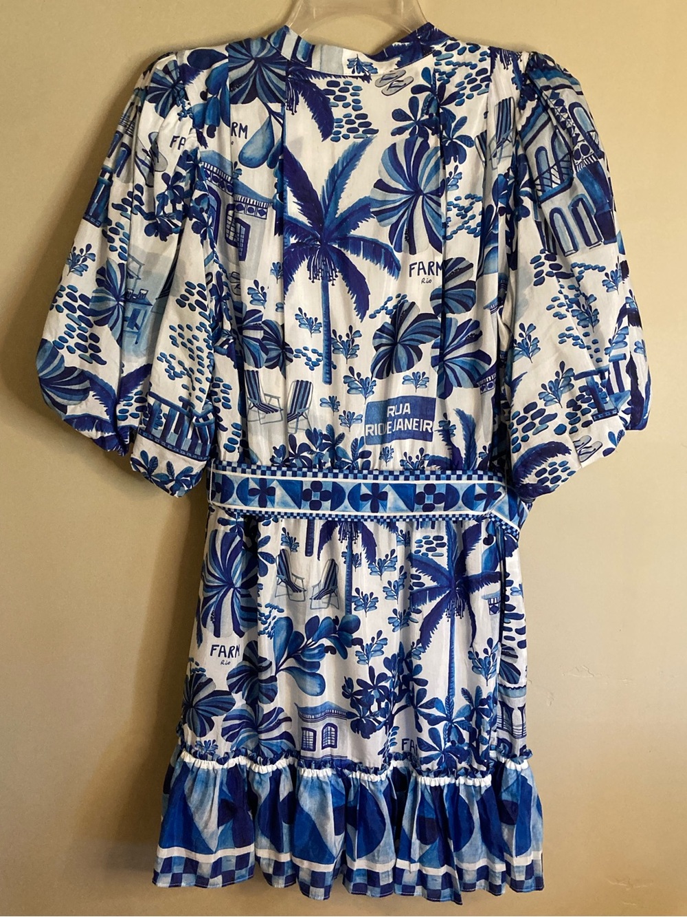 NEW FARM Rio Sweet Rio Mini Dress Tropical Beaded Belt Blue Off White Size L - Picture 12 of 16
